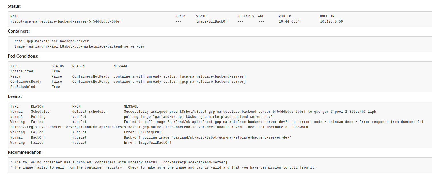 k8sbot prometheus alert pod list with drop down menu in slack and describe pod with ImagePullBackOff kubernetes